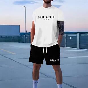 Set Men's Letter Print Tee & Drawstring Waist Shorts Pyjama