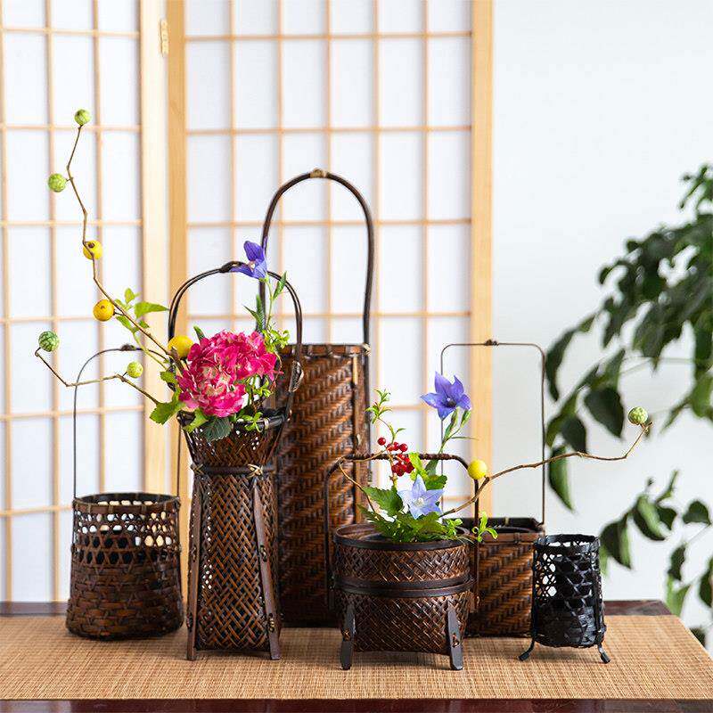 手工竹编花中式日式器GEX手工花篮编艺织插花器皿花篮