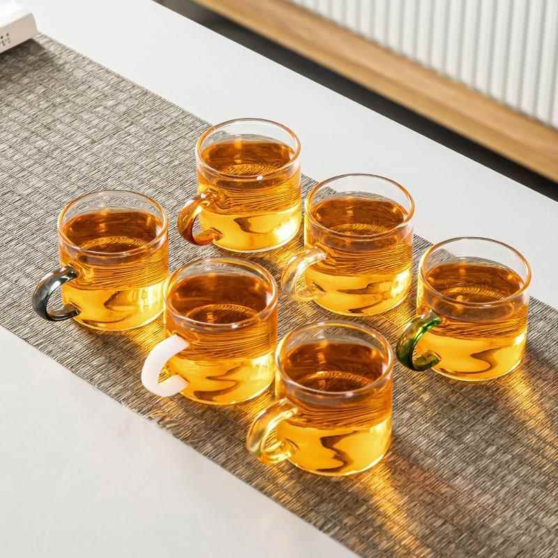 日本进口新款加厚耐热透明玻璃品茗杯小茶杯带把杯功夫茶具套装