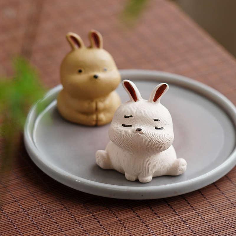梵悦 紫砂可爱生肖小兔子茶宠可养 创意茶玩茶桌小白兔摆件