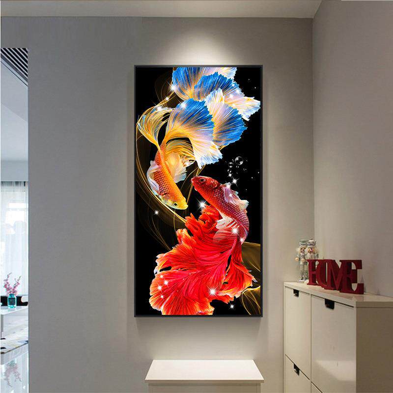 玄关竖版挂画满绣十字绣印花走廊十字绣 招财锦鲤玄关