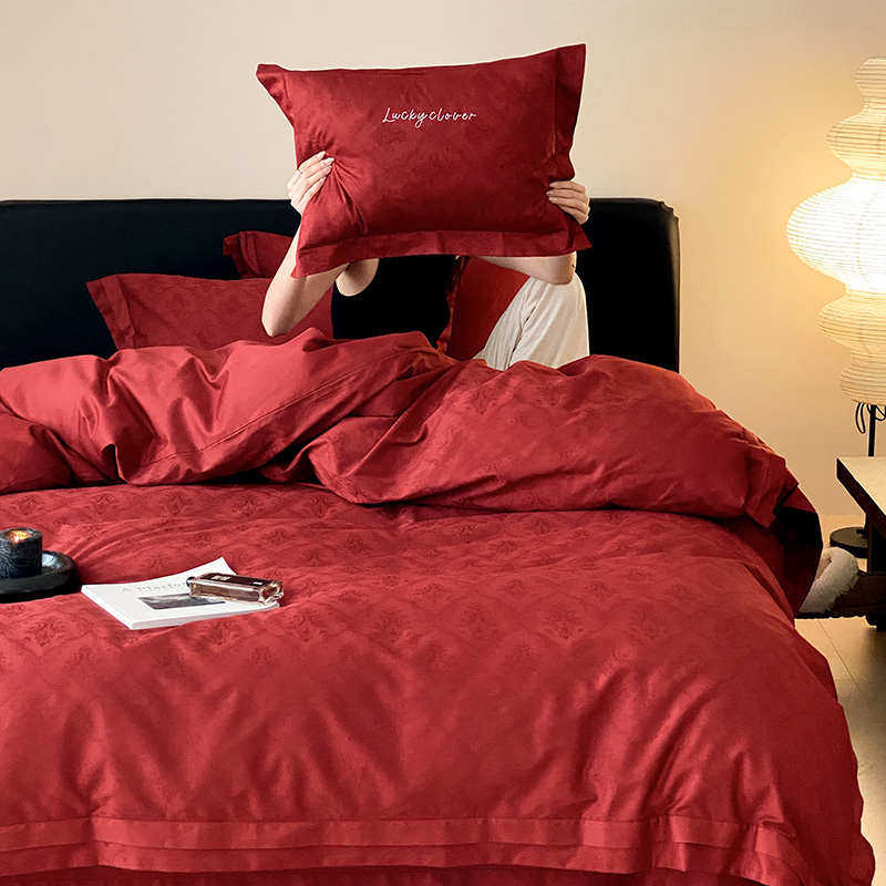 浪漫婚庆100S长绒棉四件套高级感提花款全棉结婚被套床上用品红色,床上用品,婚庆床品套件,淘宝优惠券,粉丝福利购,淘宝优惠卷