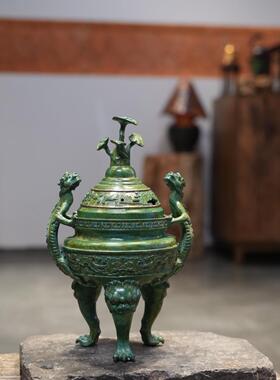 纯铜绿色三象底足双龙灵芝熏香炉盘香炉大型香炉茶道零配