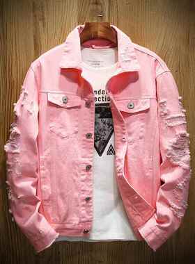 Men's denim jacket with flat collar and hole cardigan,