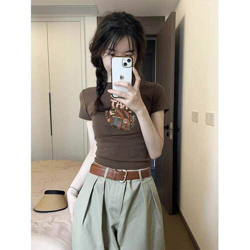 美式复古甜辣妹修身正肩短袖T恤女夏季ins别致独特显瘦短款上衣