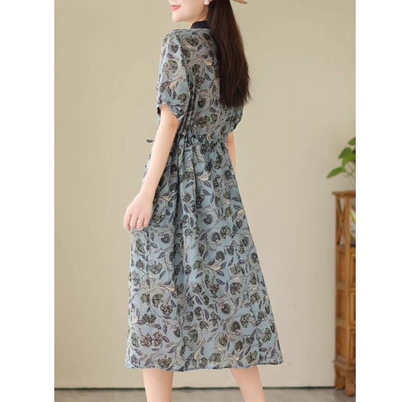 苎麻碎花连衣裙女夏季薄款2025新款文艺气质宽松显瘦中长款亚麻裙