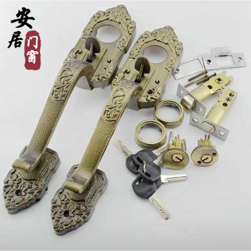 罗普斯金门锁老式铝合金门把手仿青古铜拉手锁按压锁芯配件加厚