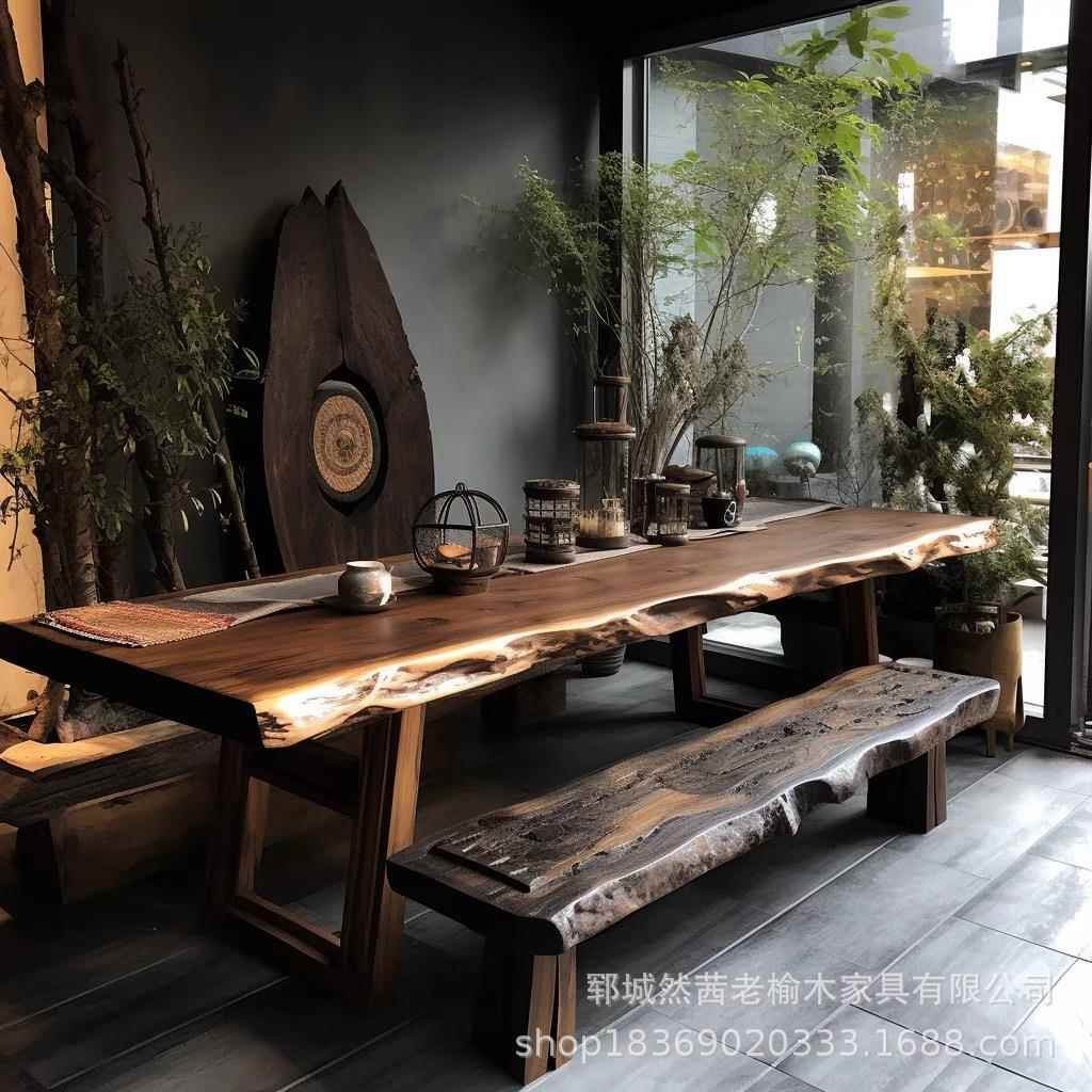 中老榆木餐桌长形老门板茶桌式椅组GMT合实木喝茶桌新饭桌原木方