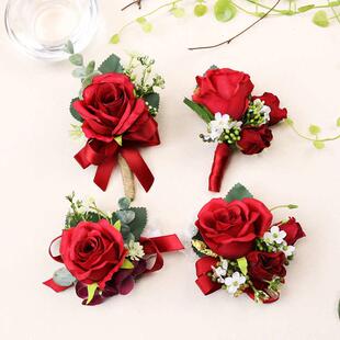 新郎新娘结婚胸花创意嘉宾司仪仿真伴娘手腕花婚礼用品 中国红