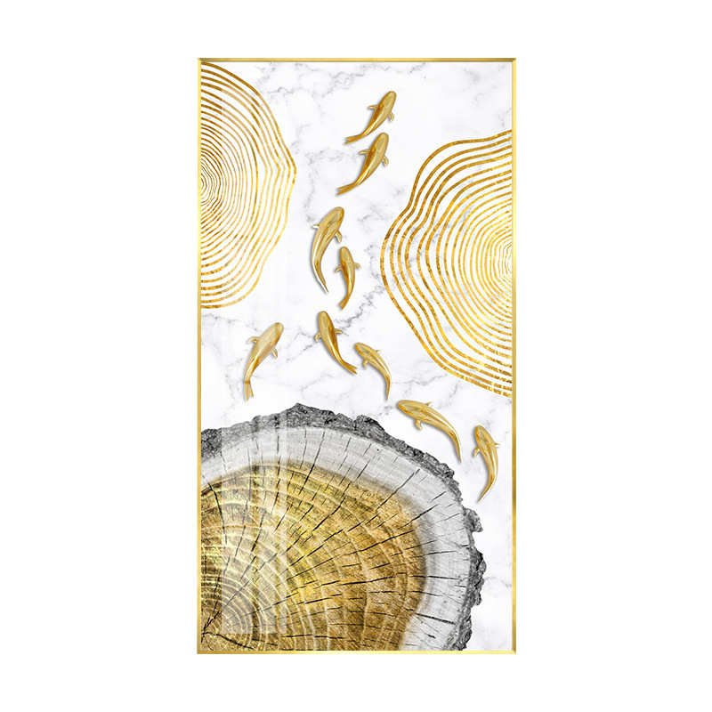 金色年轮轻奢入户玄关装饰画走廊竖版抽象壁画客厅背景墙大幅挂画