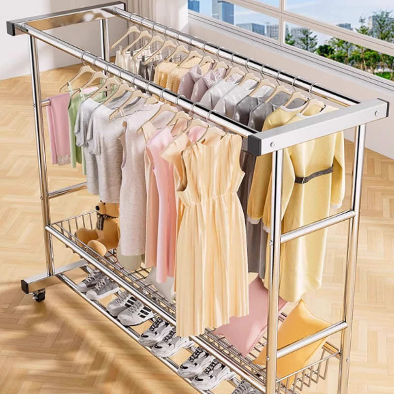 挂衣架落地卧室收纳架简易阳台双杆阳台晾衣架可移动晾衣服架子