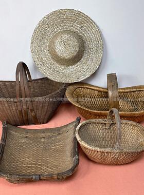 民俗老物件竹编篮子竹筐簸箕780年代提篮草帽中式覆古装饰摆饰