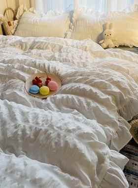 正品INS韩版轻奢主公风床裙小清新纯白泡泡双层花色套边被床单四