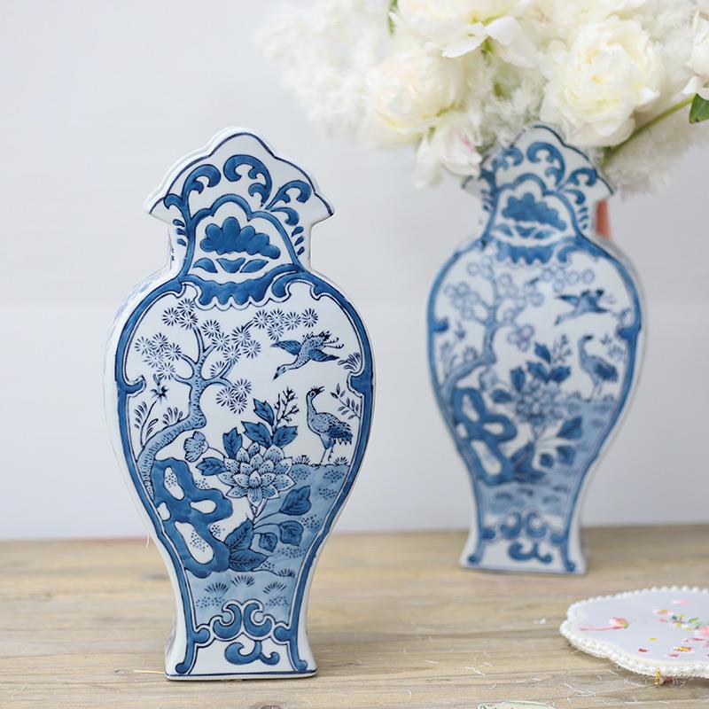 中式国风青花瓷花瓶花束插花瓶客厅装饰摆件凤尾扁瓶瓷器摆饰