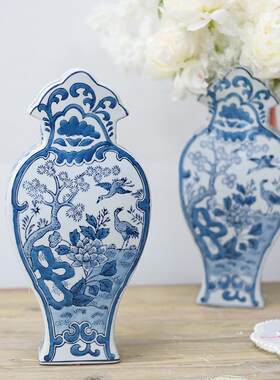 中式国风青花瓷花瓶花束插花瓶客厅装饰摆件凤尾扁瓶瓷器摆饰