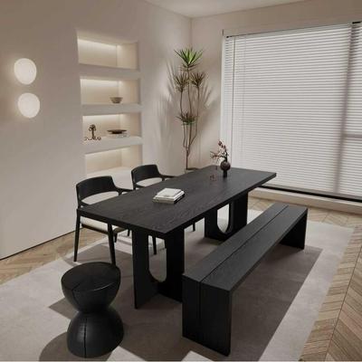 北欧侘寂风黑色实木餐桌原木长方形书桌办公桌白蜡实木茶桌工作台