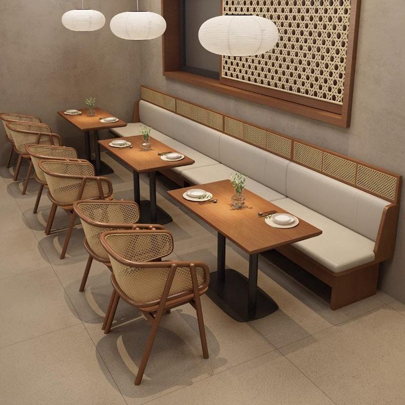 连锁餐饮店实木编藤桌椅组合主题餐厅休闲咖啡厅西餐厅卡座沙发椅