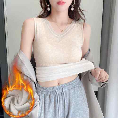 秋冬保暖背心女带胸垫蕾丝花边洋气加绒加厚无袖弹力内搭上1023k