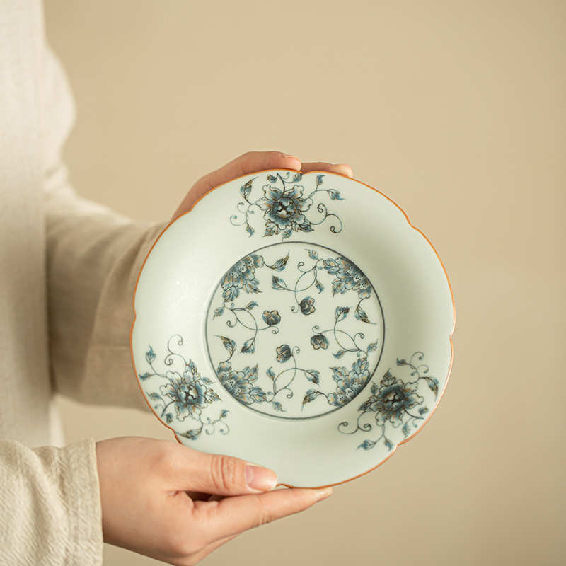 景德镇复古牡丹青花汝窑壶承陶瓷茶具干泡盘果盘水果盘茶点盘托盘
