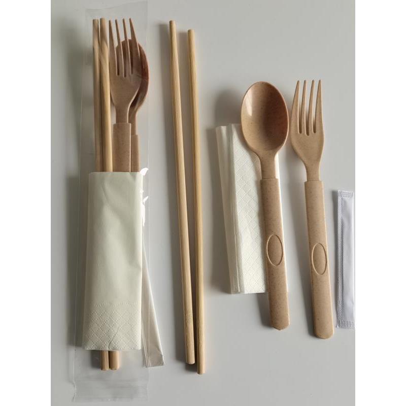 一次性勺子筷子四件套加长分体竹筷子叉勺套装外卖用拌饭披萨刀子