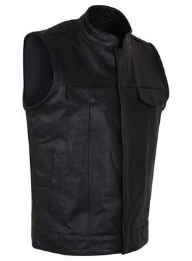 T 20159 Men's black multi-pocket leather vest 士黑色多口袋