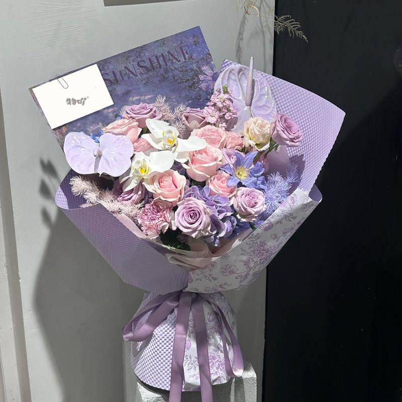 高级手捧花永生花束毕业花束彷真花花束紫色花束假花儿童节礼物