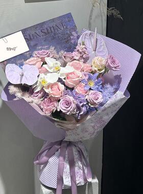高级手捧花大束彷真花花束紫色花束假花花束毕业花束生日礼物成品