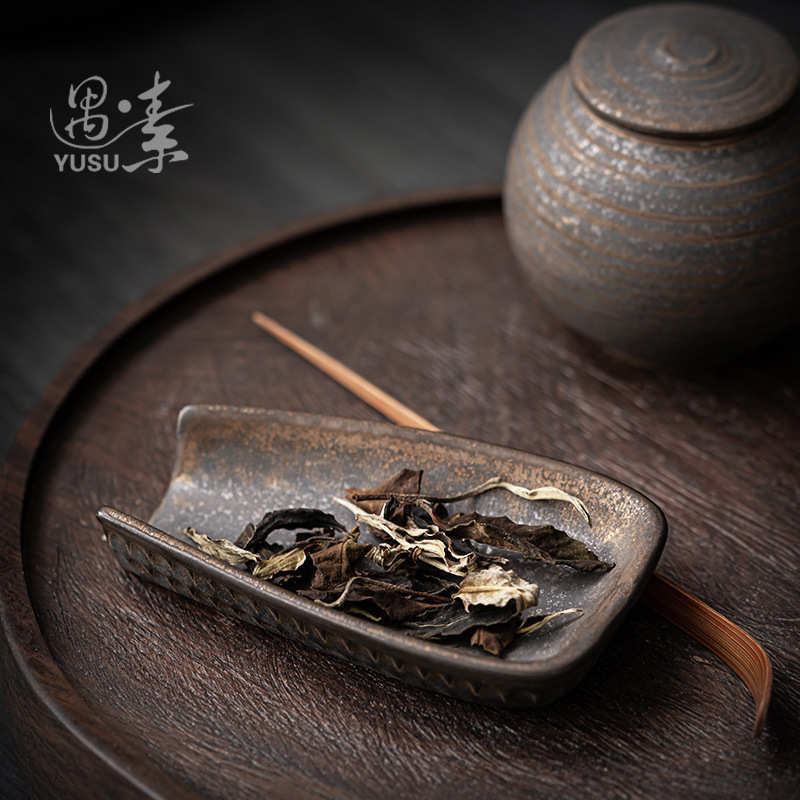 中式陶瓷茶则功夫茶具茶道配件复古醒茶盒鎏金粗陶茶荷茶铲投茶器