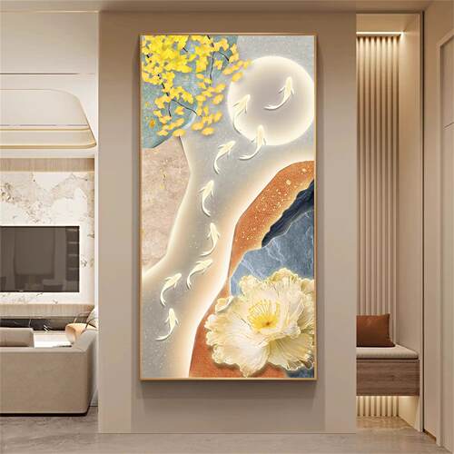 轻奢高级感九鱼聚财玄关装饰画客厅简约现代挂画走廊过道尽头壁画