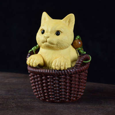 黄杨木雕可爱吊篮小猫咪挂饰实木雕刻工艺品文玩男女钥匙包包挂件