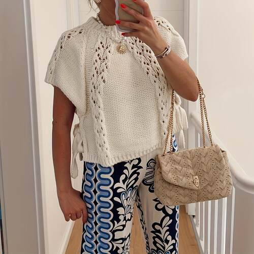 Women Plain Tie Side Sweater Pullover Casual Sleeve Crochet