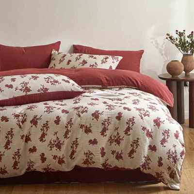 母婴级A类四件套全棉双层皱皱纱四件套中古风数码印花纯棉四件套