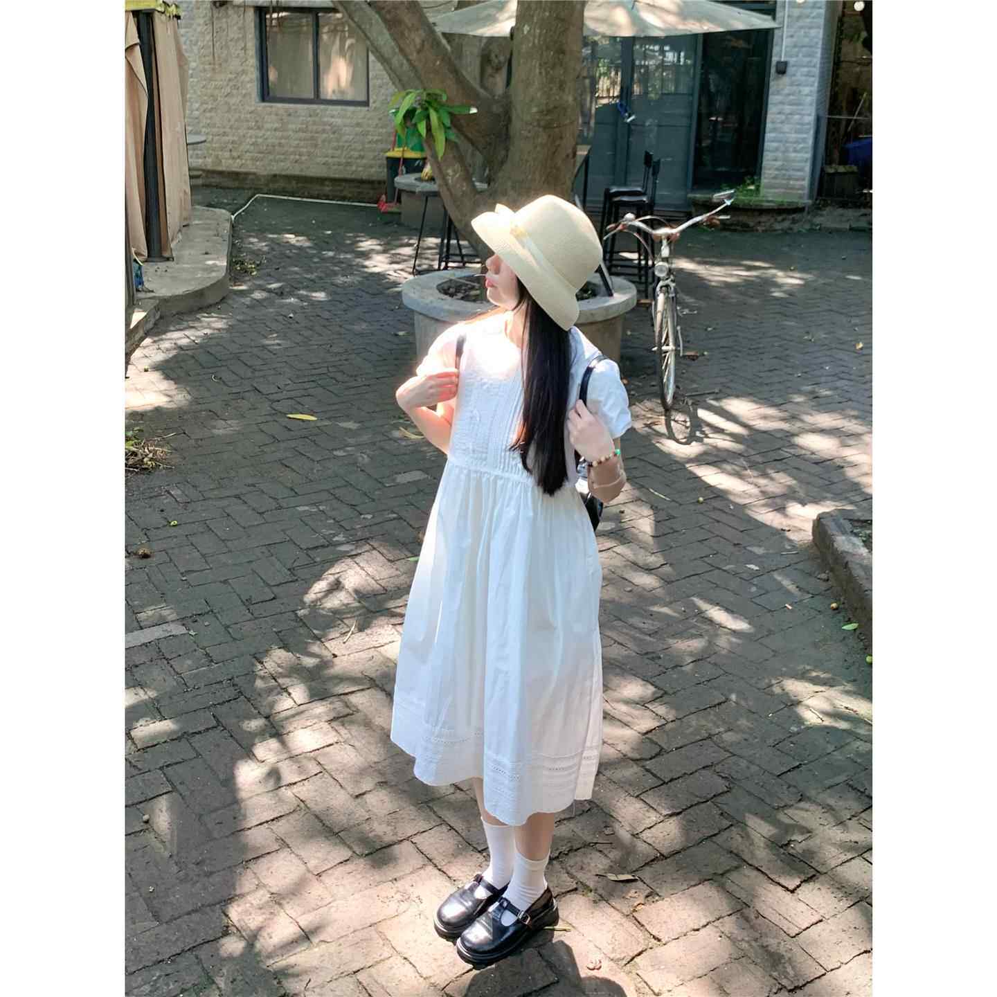 踏进银河 稚气学妹 夏日学院风白色娃娃领洋装显瘦收腰小裙子