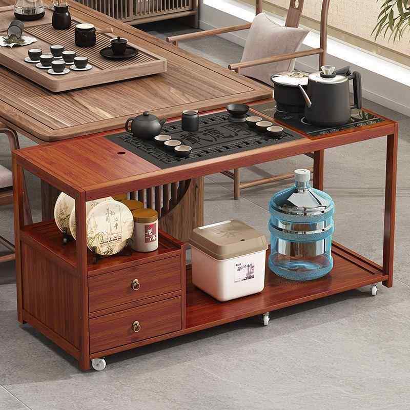 新中式茶水柜移动茶台茶桌家用阳台实木小茶车烧水壶一体沙发边几