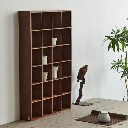 黑胡桃木茶室博古架茶具收纳置物架实木展示架壁挂墙上多宝阁格