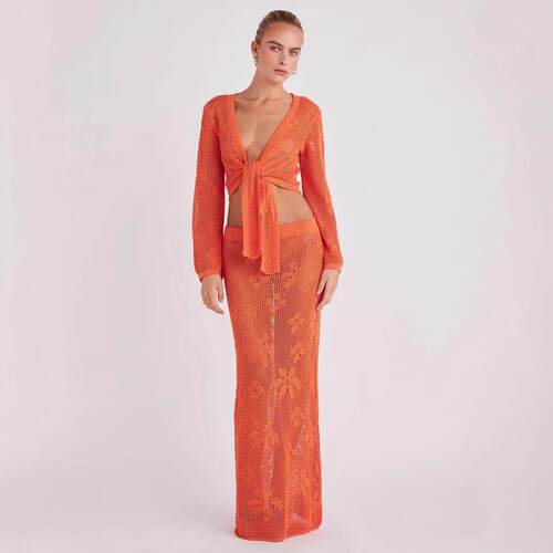 Womens Crochet Swim Cover Up 2 V Neck Sleeve Wrap Tie Crop