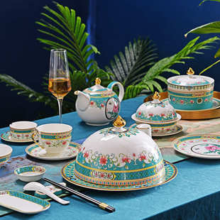 会餐厅摆中式台餐具新碗碟勺国风所摆盘酒店台陶瓷套装碗盘