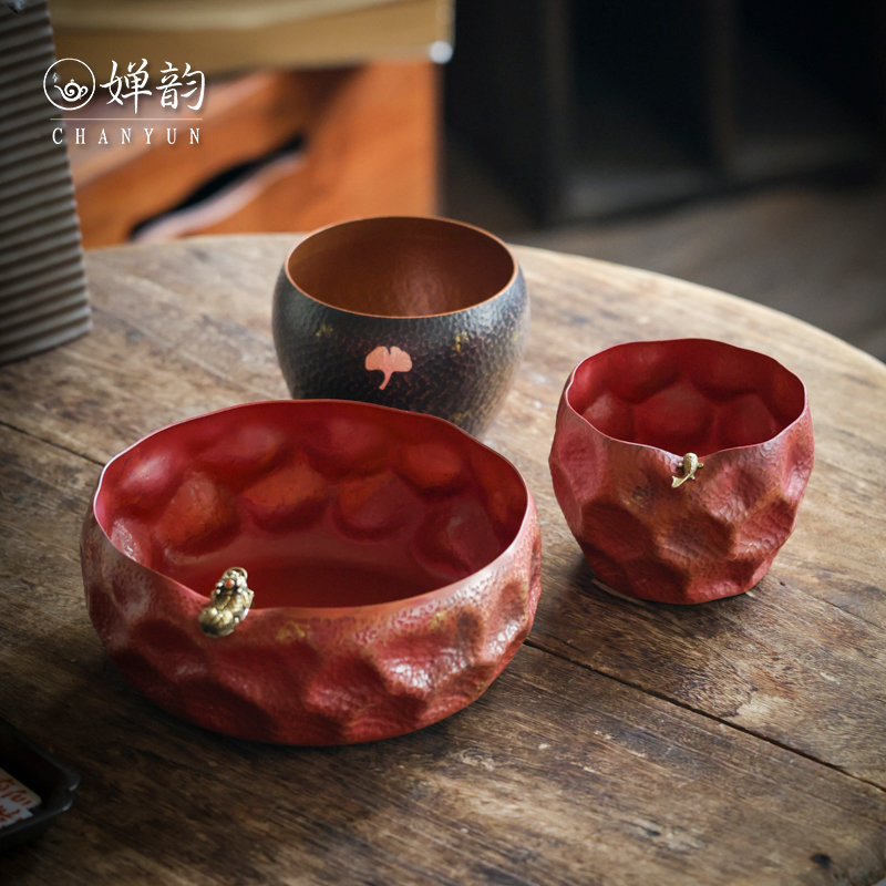 婵韵曹格紫铜狮头银杏锤纹建水茶盏茶洗不沾水茶渣桶复古茶具配件