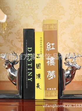 欧式乡村风格电镀鹿头书靠书房装饰摆件树脂工艺品摆饰