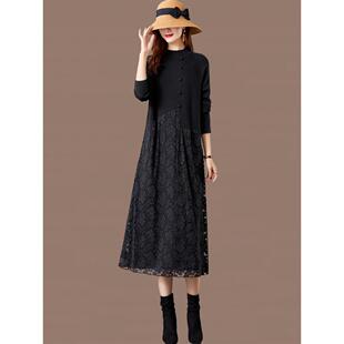 搭配大衣女士秋冬季内搭过膝毛衣蕾丝针织洋气打底衫长款连衣裙子