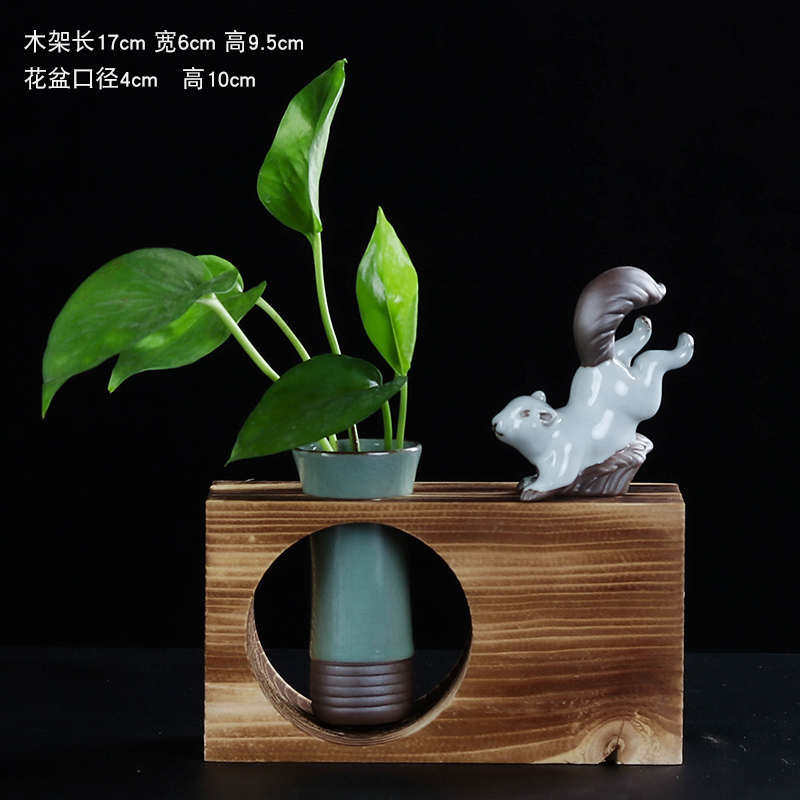 培创意木框器皿桌面花瓶铜钱小水玻璃创意草绿透明摆件养水花盆