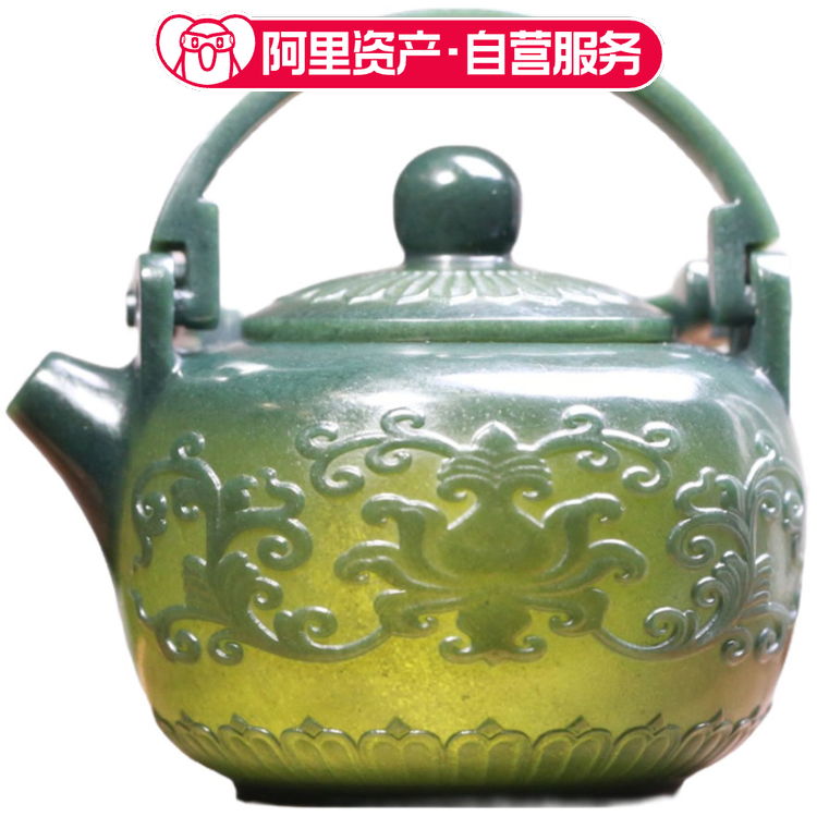 蒋宏利和田玉茶具青玉缠枝纹提梁壶 天然玉石茶壶 茶器和田玉青玉