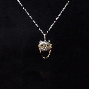 高档由子骨野丨动物系列丨宝石猫咪项链小女纯蓝银锁链众高级原创