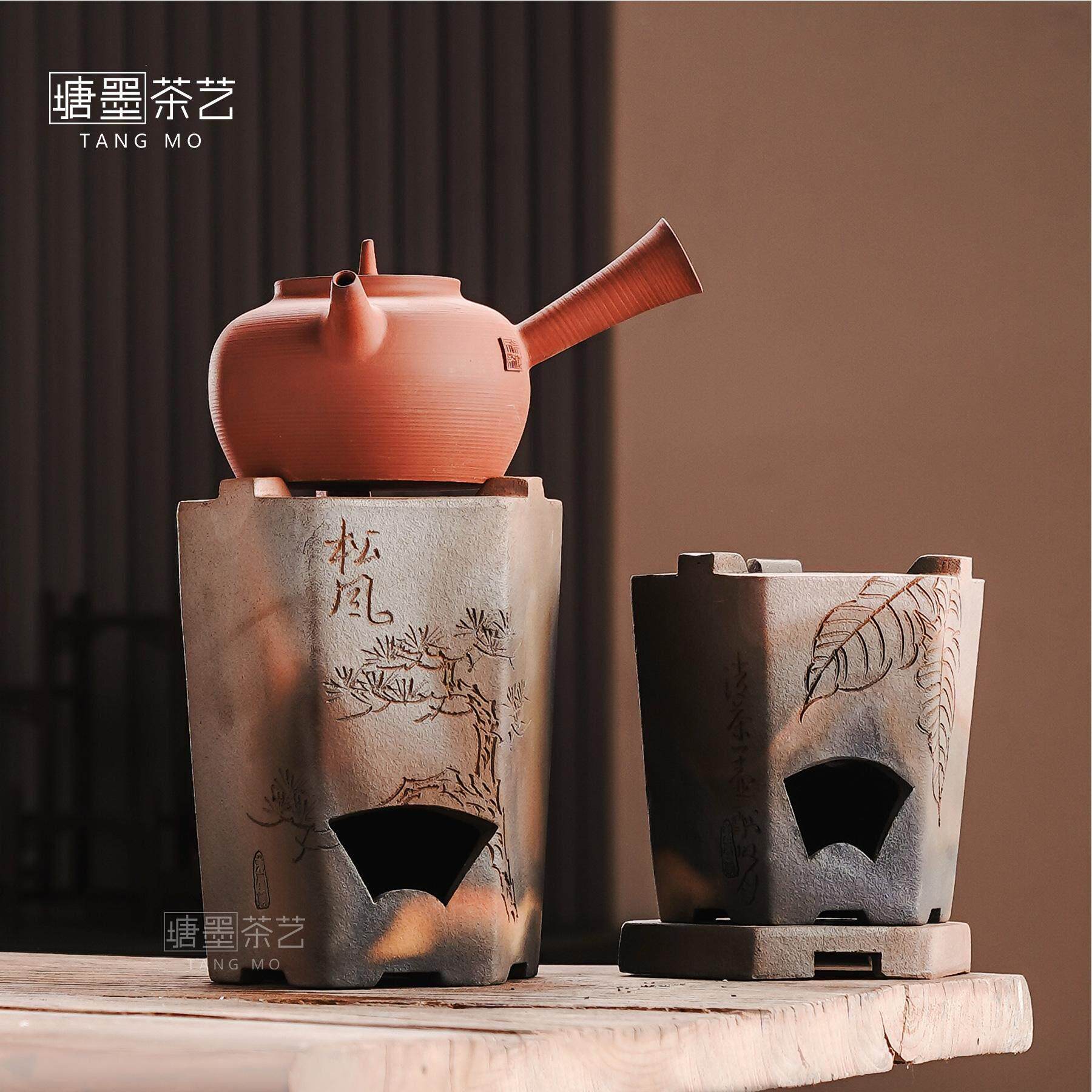 柴烧手刻炭炉烧水壶覆古松风煮茶炉红泥砂铫侧把壶烧碳风炉小火炉