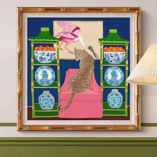 法式中国风青花瓷豹挂画美式复古小众艺术客厅装饰画餐厅玄关壁画