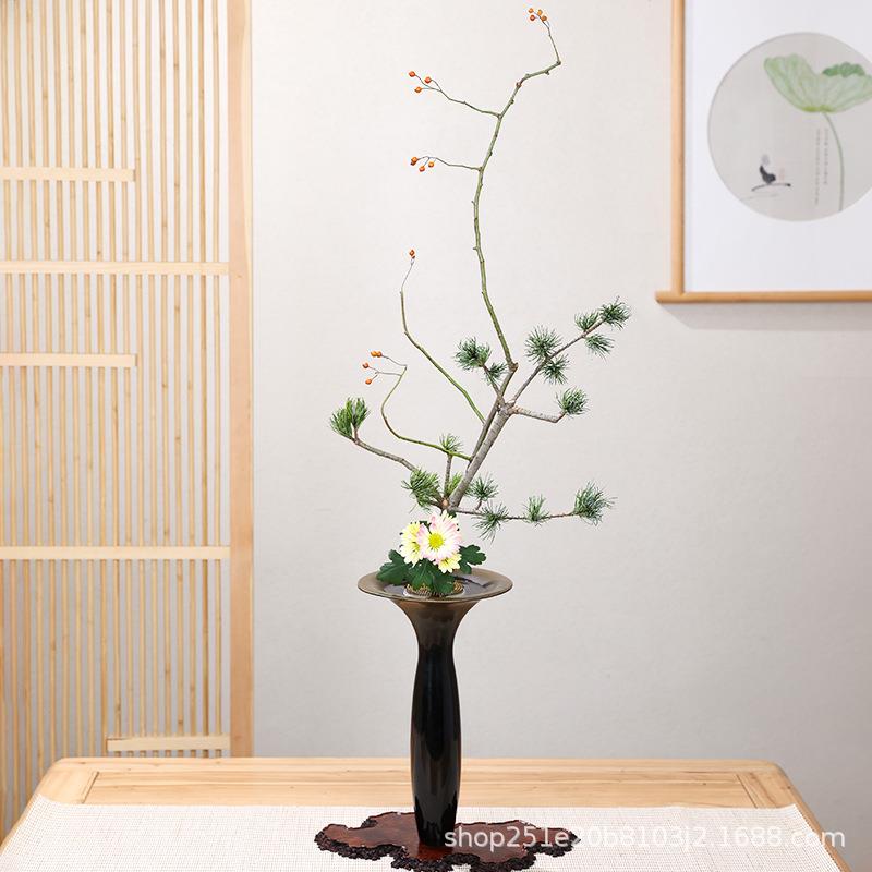 剑山池坊自由花器若竹鍋長铜器插花器皿插花器花道创意高脚