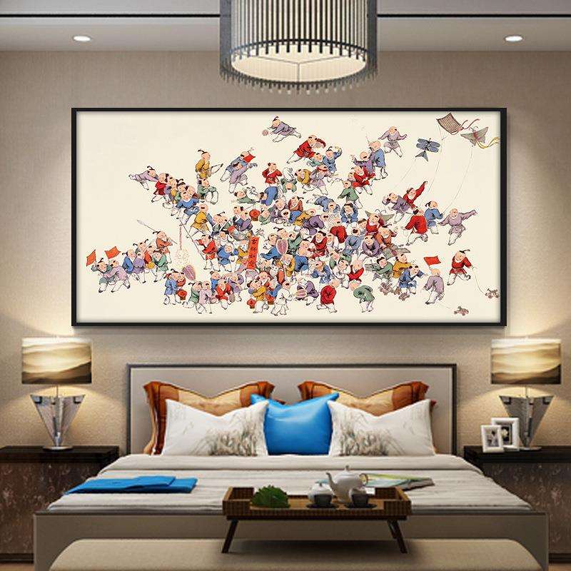 百子图百鸟图挂画百子迎福图办公室走廊招财装饰画多子多福壁画横