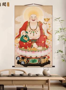 如意弥勒佛高清挂画布袋和尚招财笑佛国画复古风格无框绢布壁饰客