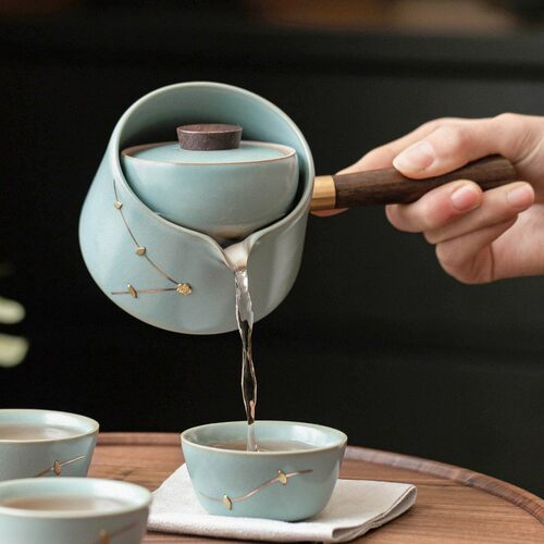天青汝窑锔钉侧把壶陶瓷茶壶单壶创意转转壶泡茶壶便携式一壶三杯