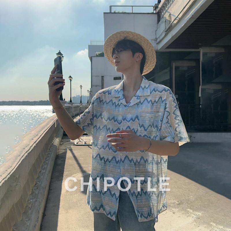 韩国CHIPOTLE度假风撞色设计短袖衬衫男2026春季宽松休闲海边衬衣